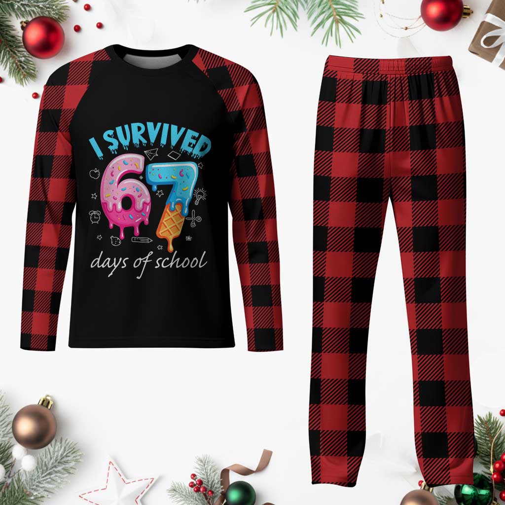 I Survived 67 Days of School Funny Six Seven Meme Plaid Pajama Set Baseball Ice Cream Dripping - Wonder Print Shop
