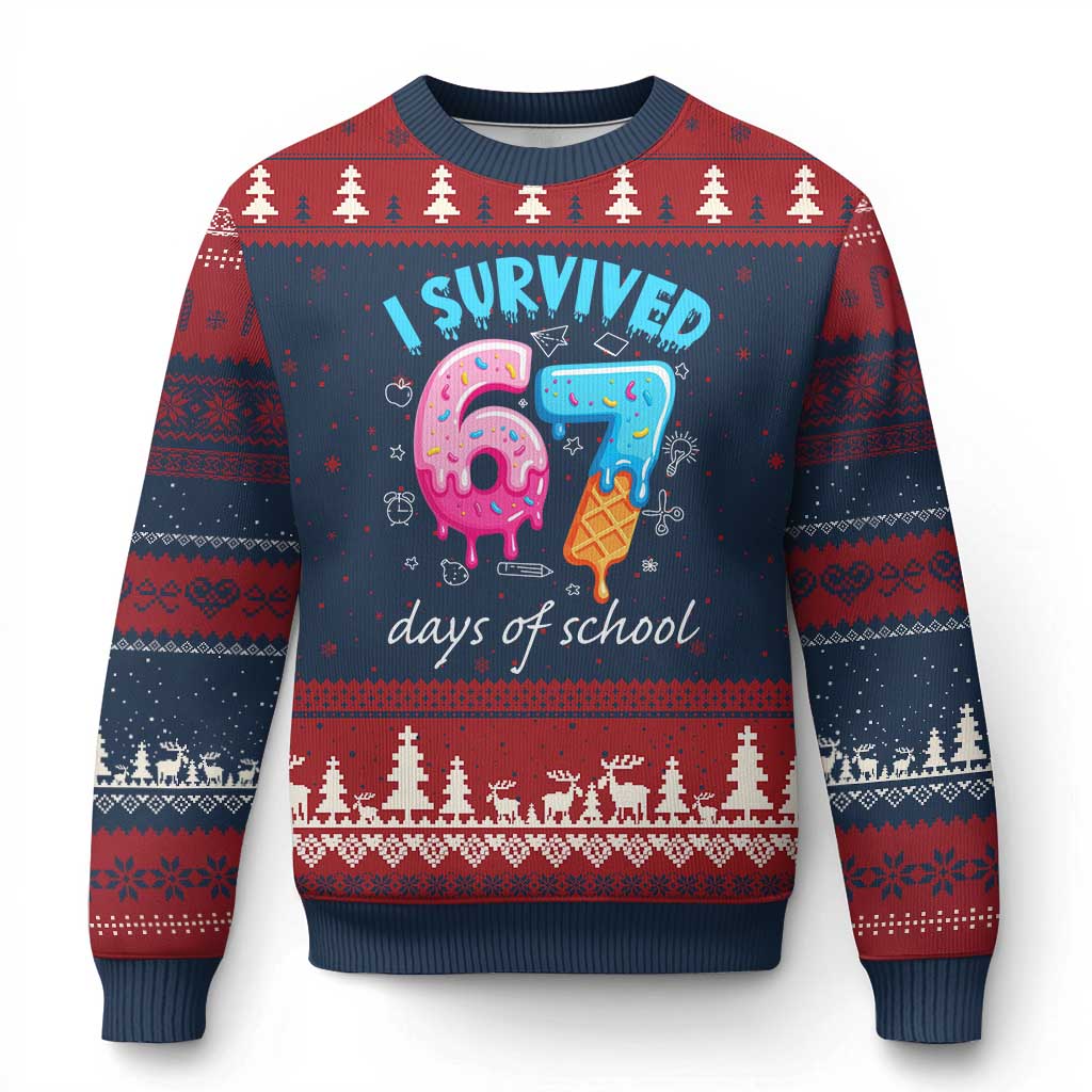 I Survived 67 Days of School Funny Six Seven Meme Ugly Christmas Sweater Baseball Ice Cream Dripping - Wonder Print Shop