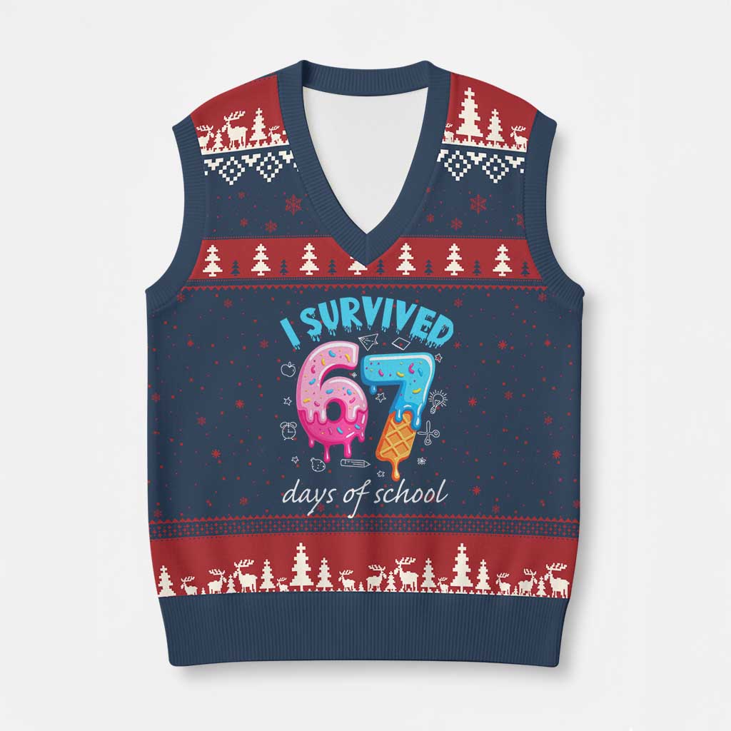I Survived 67 Days of School Funny Six Seven Meme V-Neck Knit Sweater Vest Baseball Ice Cream Dripping - Wonder Print Shop