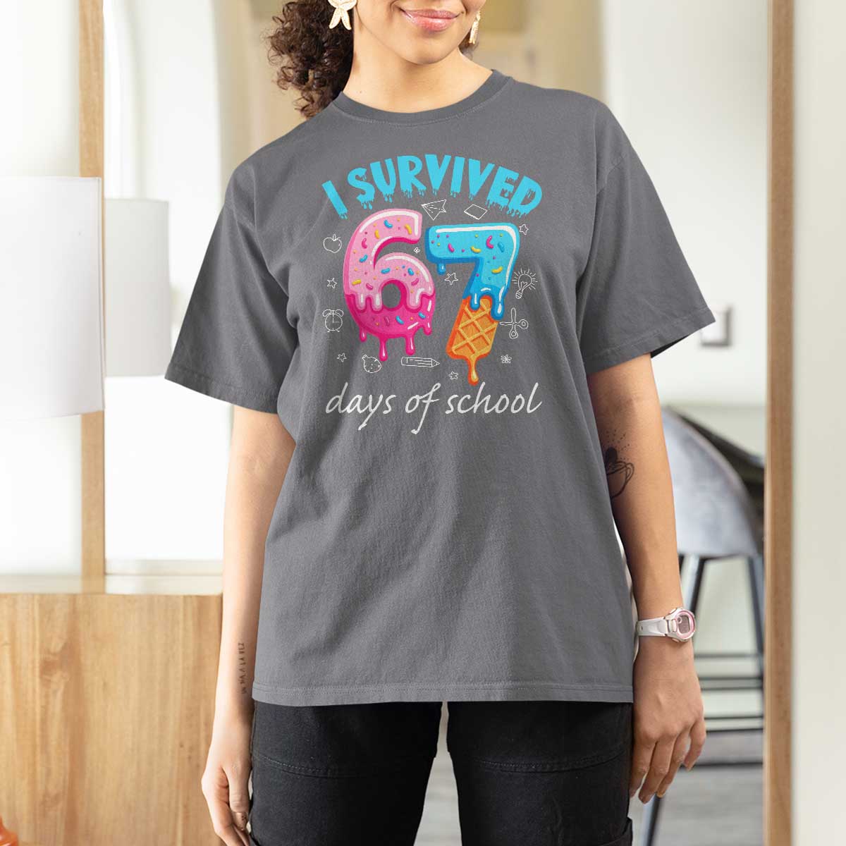 I Survived 67 Days of School Funny Six Seven Meme T Shirt For Women Baseball Ice Cream Dripping - Wonder Print Shop