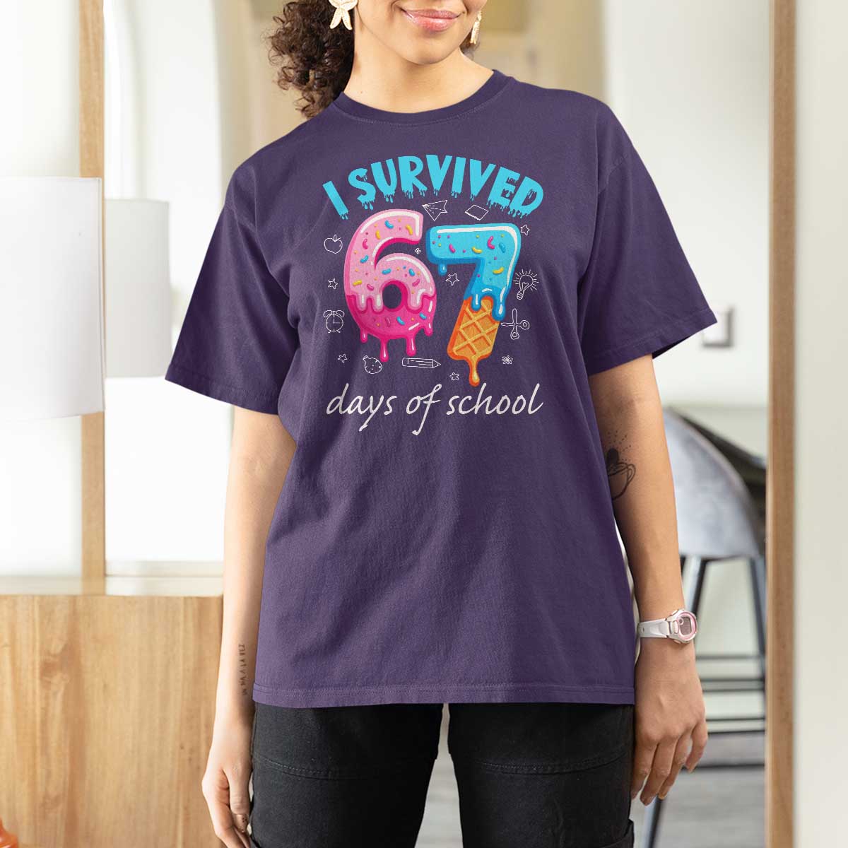 I Survived 67 Days of School Funny Six Seven Meme T Shirt For Women Baseball Ice Cream Dripping - Wonder Print Shop