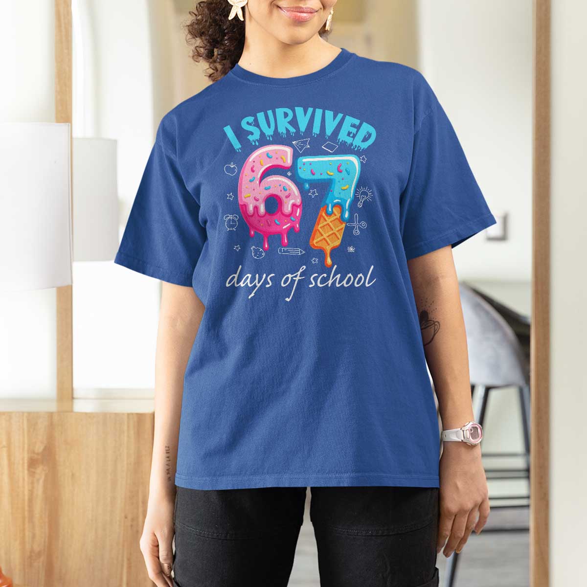 I Survived 67 Days of School Funny Six Seven Meme T Shirt For Women Baseball Ice Cream Dripping - Wonder Print Shop