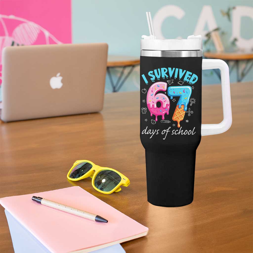 I Survived 67 Days of School Funny Six Seven Meme Tumbler With Handle Baseball Ice Cream Dripping - Wonder Print Shop