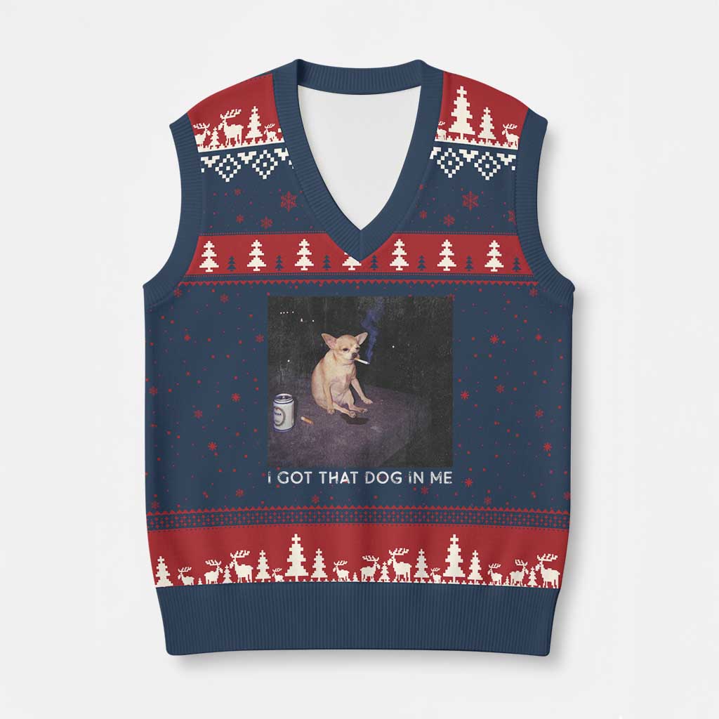 I Got That Dog In Me V-Neck Knit Sweater Vest Retro Funny Chihuahua Smoking Beer - Wonder Print Shop