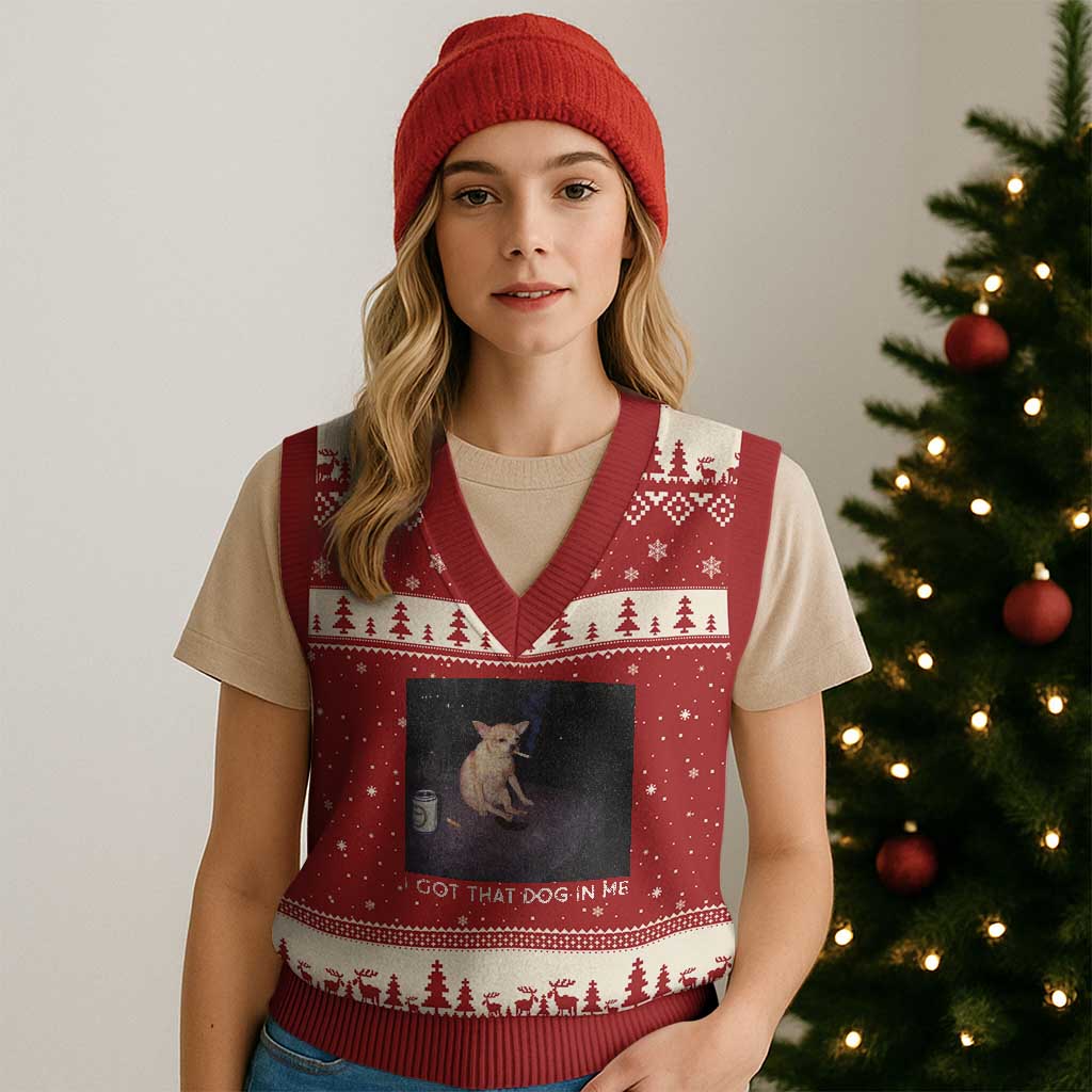 I Got That Dog In Me V-Neck Knit Sweater Vest Retro Funny Chihuahua Smoking Beer - Wonder Print Shop