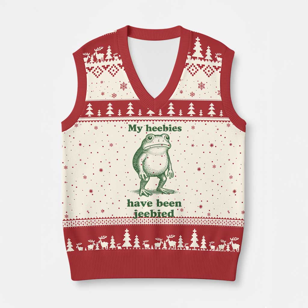 Funny Frog V-Neck Knit Sweater Vest My Heebies Have Been Jeebied Weirdcore Meme - Wonder Print Shop