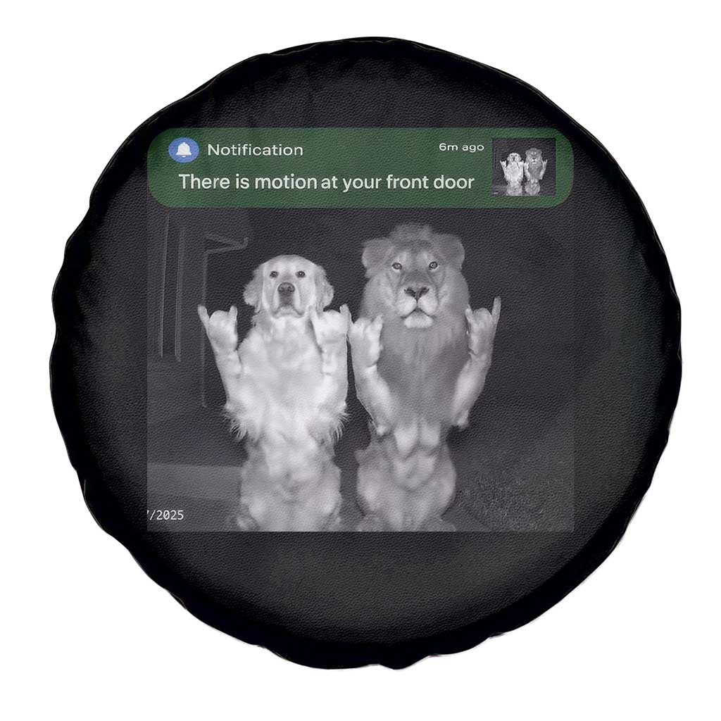 There is Motion at Your Front Door Spare Tire Cover Funny Golden Retriever Dog And Lion Motion Meme - Wonder Print Shop