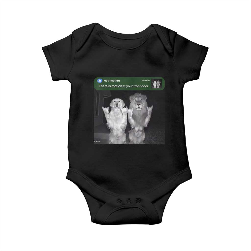 There is Motion at Your Front Door Baby Onesie Funny Golden Retriever Dog And Lion Motion Meme - Wonder Print Shop