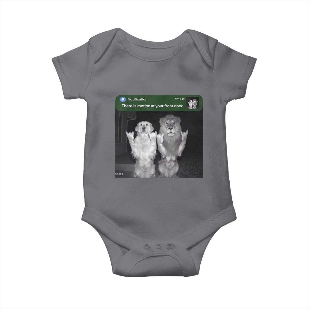There is Motion at Your Front Door Baby Onesie Funny Golden Retriever Dog And Lion Motion Meme - Wonder Print Shop