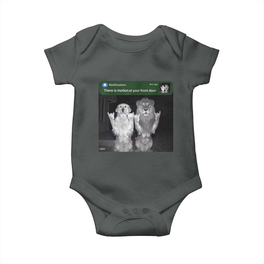 There is Motion at Your Front Door Baby Onesie Funny Golden Retriever Dog And Lion Motion Meme - Wonder Print Shop