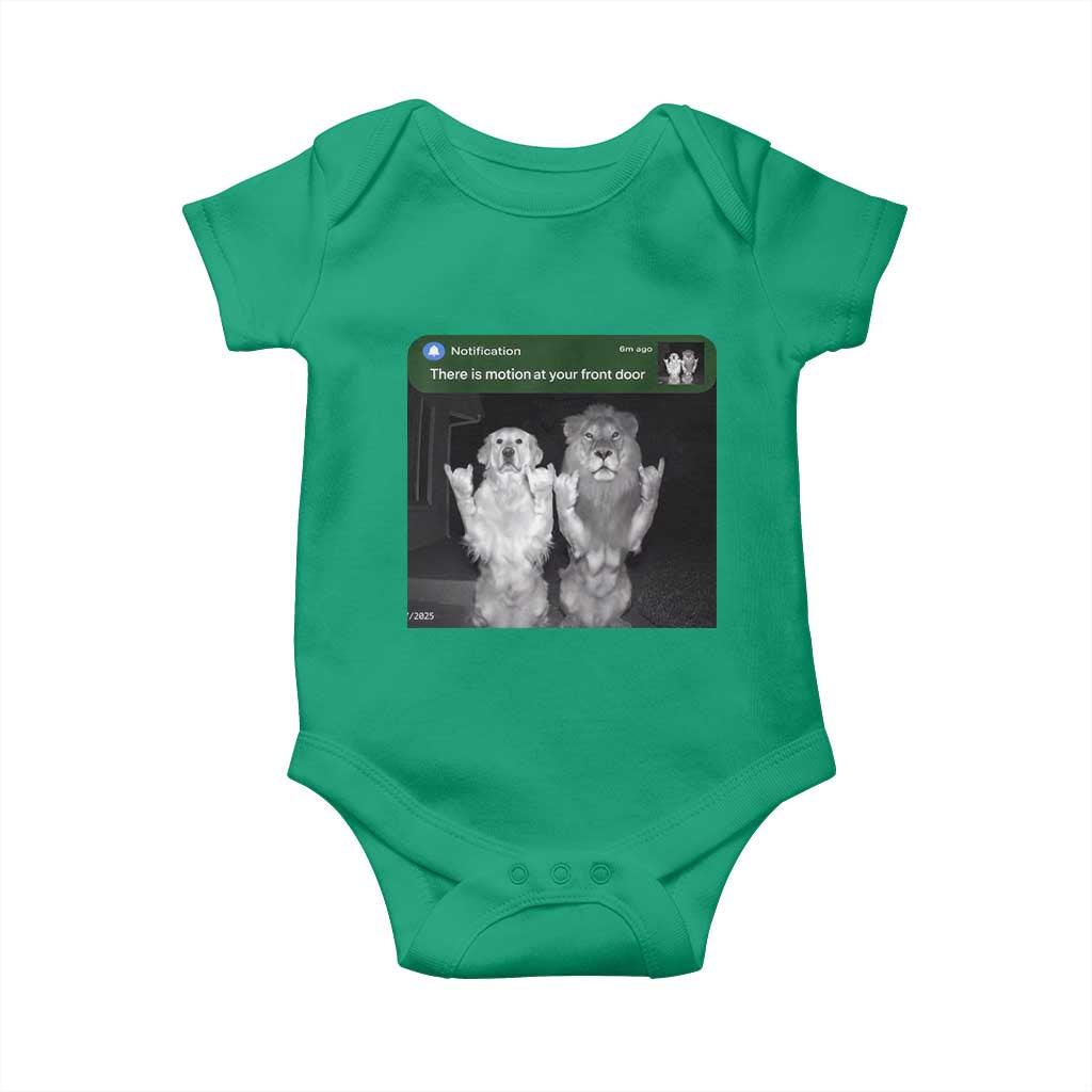 There is Motion at Your Front Door Baby Onesie Funny Golden Retriever Dog And Lion Motion Meme - Wonder Print Shop