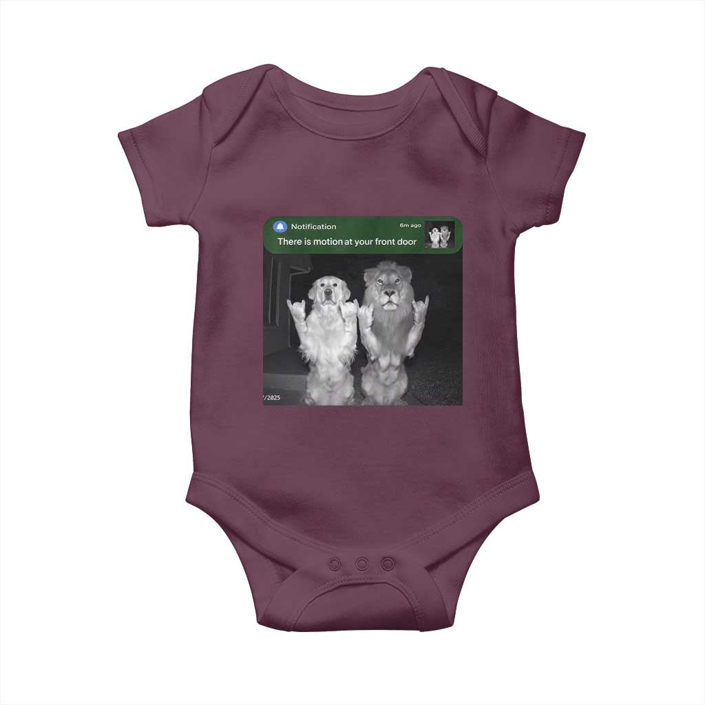 There is Motion at Your Front Door Baby Onesie Funny Golden Retriever Dog And Lion Motion Meme - Wonder Print Shop