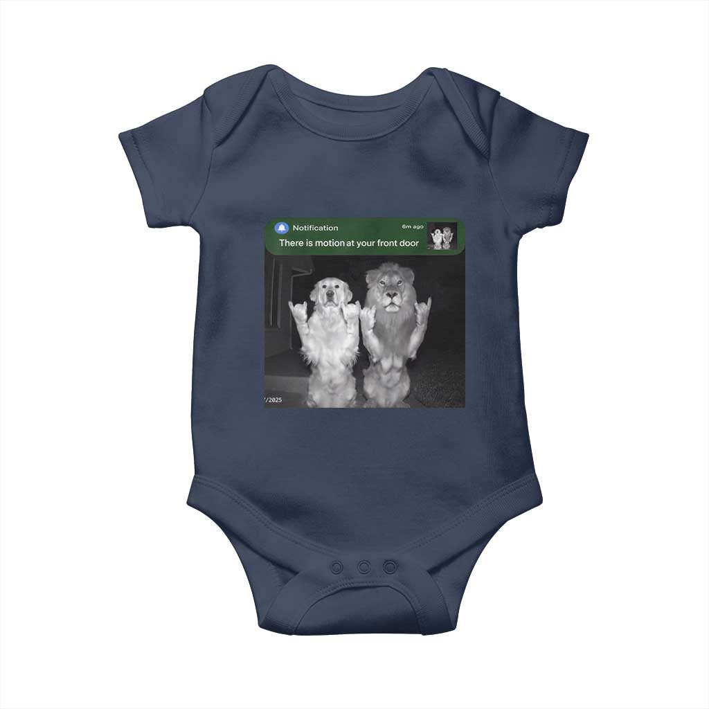 There is Motion at Your Front Door Baby Onesie Funny Golden Retriever Dog And Lion Motion Meme - Wonder Print Shop