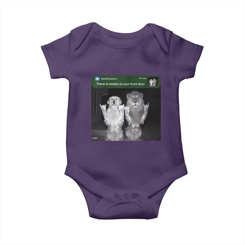 There is Motion at Your Front Door Baby Onesie Funny Golden Retriever Dog And Lion Motion Meme - Wonder Print Shop