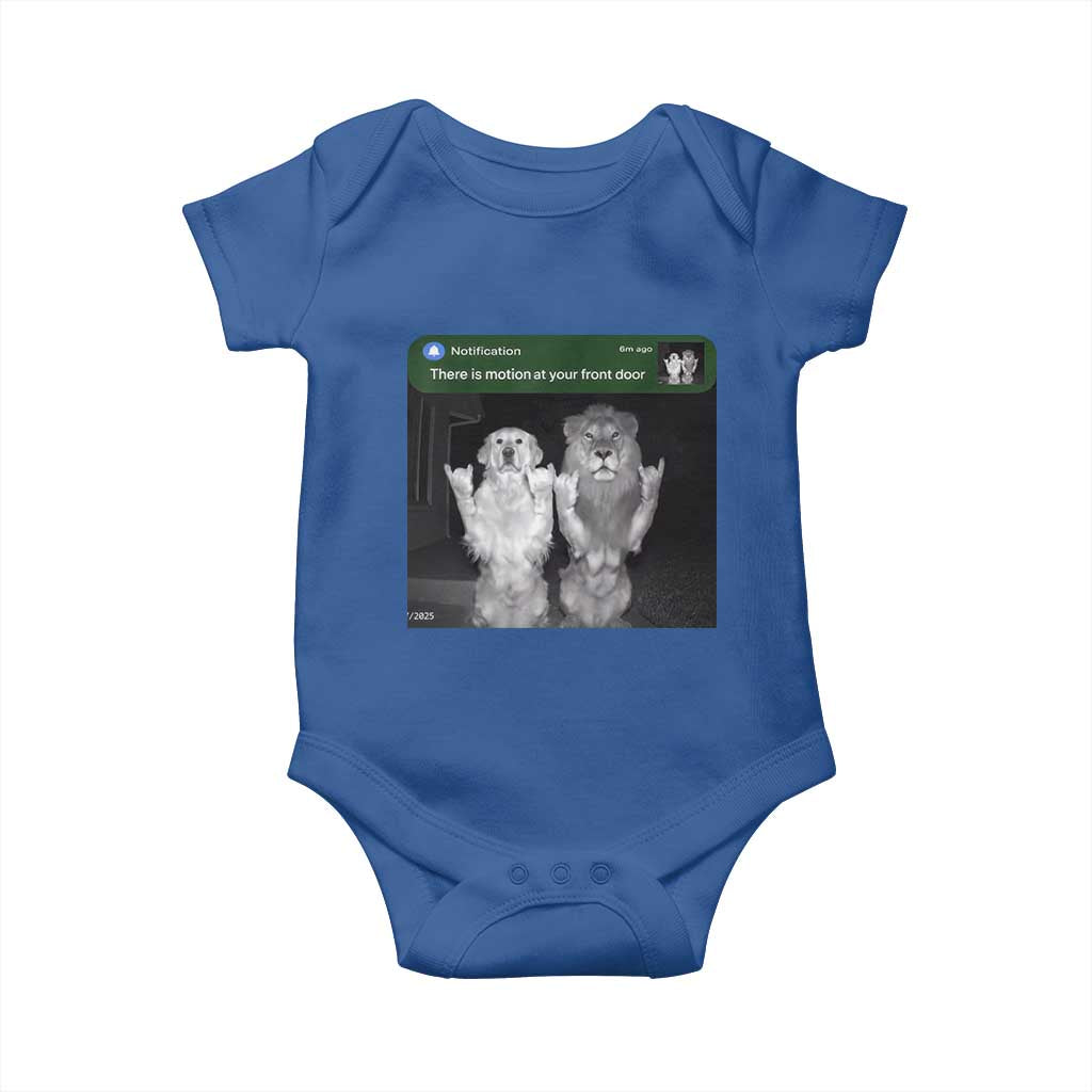 There is Motion at Your Front Door Baby Onesie Funny Golden Retriever Dog And Lion Motion Meme - Wonder Print Shop