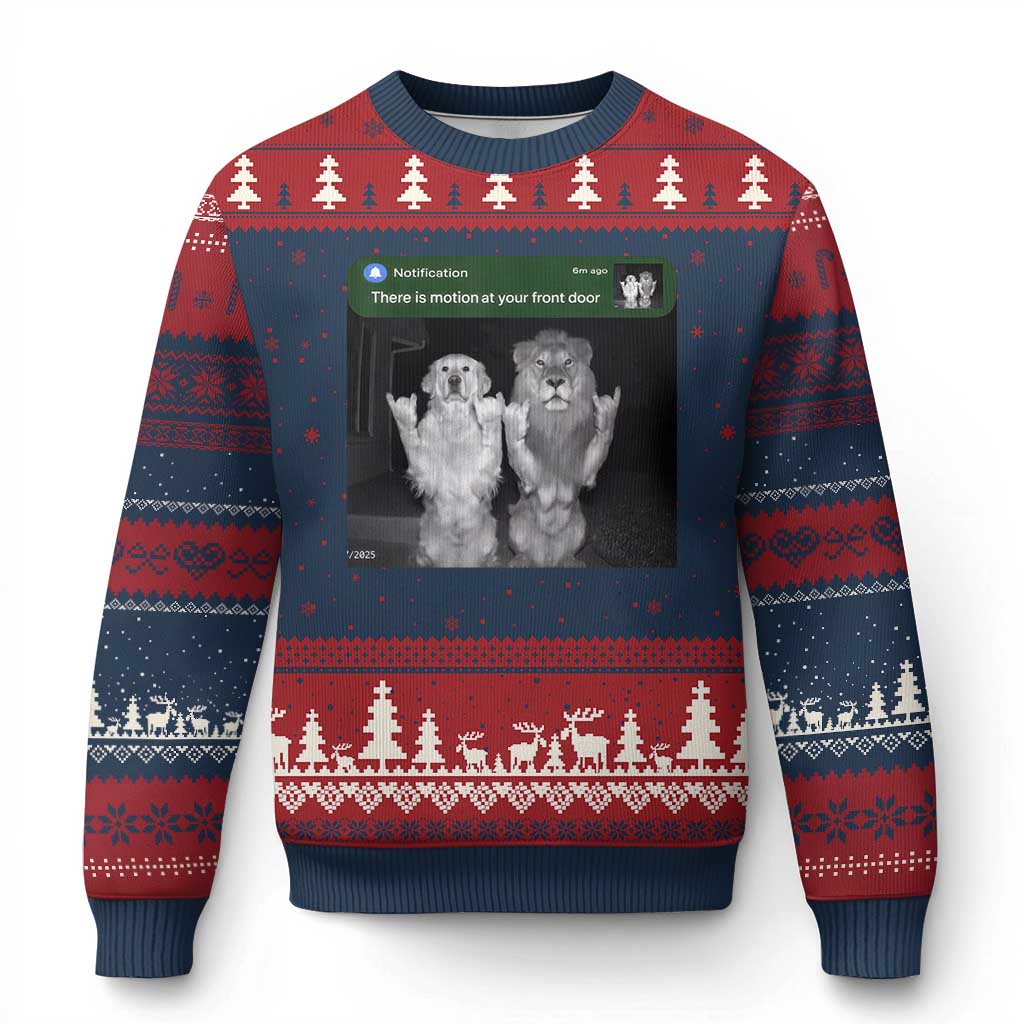 There is Motion at Your Front Door Ugly Christmas Sweater Funny Golden Retriever Dog And Lion Motion Meme - Wonder Print Shop