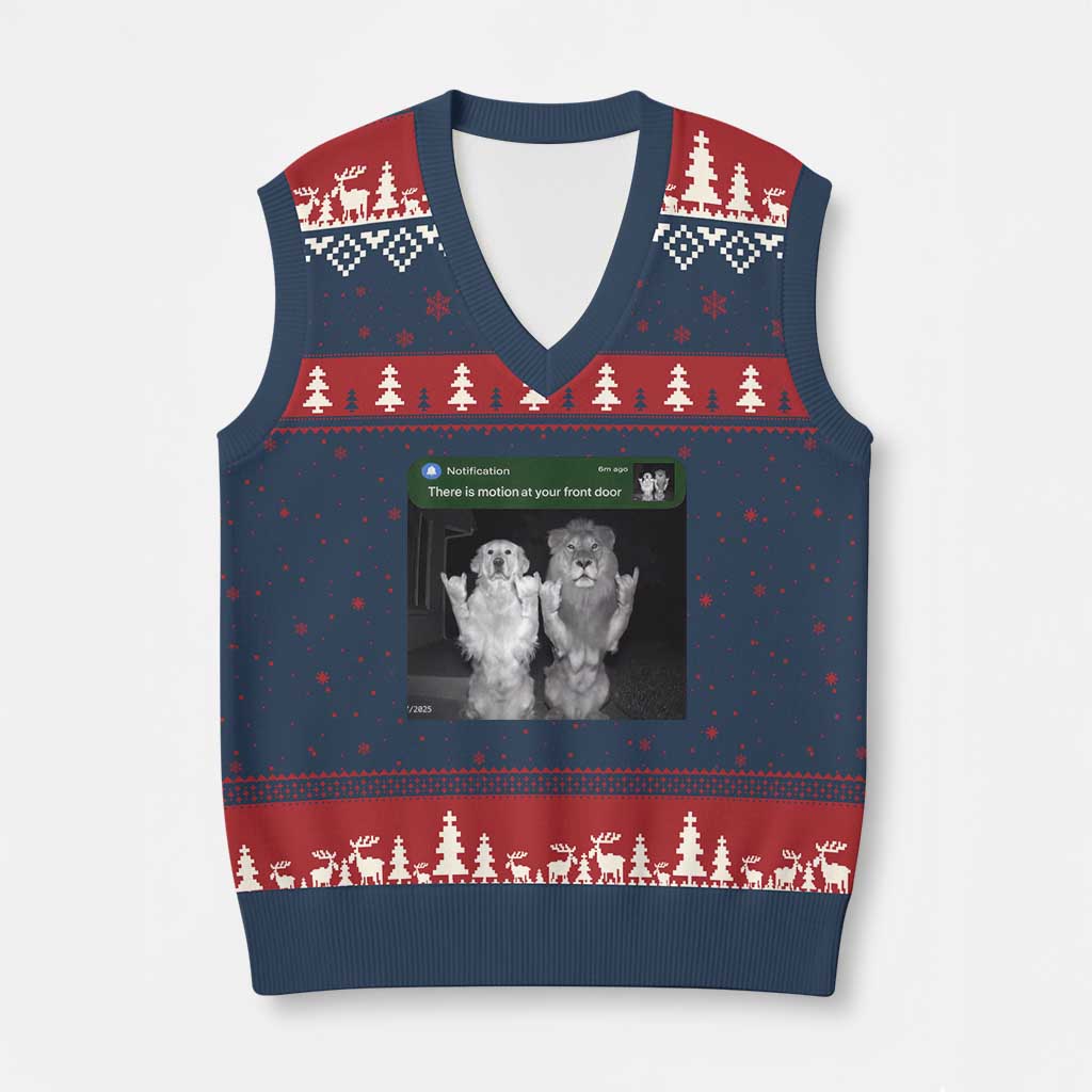 There is Motion at Your Front Door V-Neck Knit Sweater Vest Funny Golden Retriever Dog And Lion Motion Meme - Wonder Print Shop