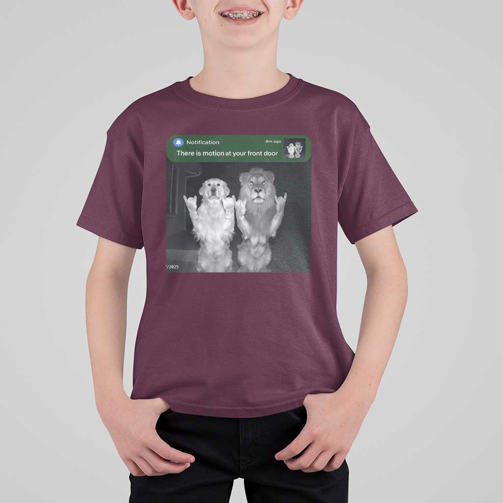 There is Motion at Your Front Door T Shirt For Kid Funny Golden Retriever Dog And Lion Motion Meme - Wonder Print Shop