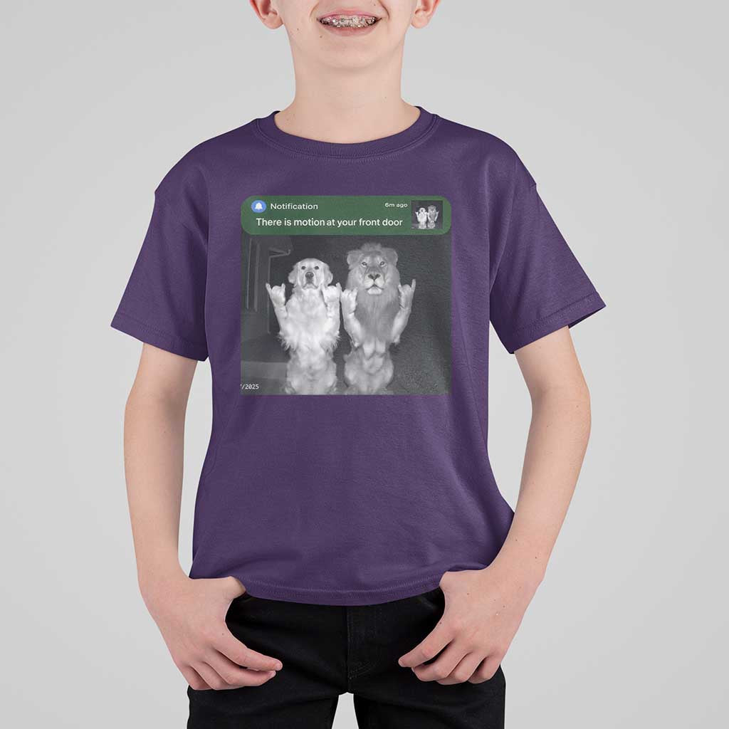 There is Motion at Your Front Door T Shirt For Kid Funny Golden Retriever Dog And Lion Motion Meme - Wonder Print Shop