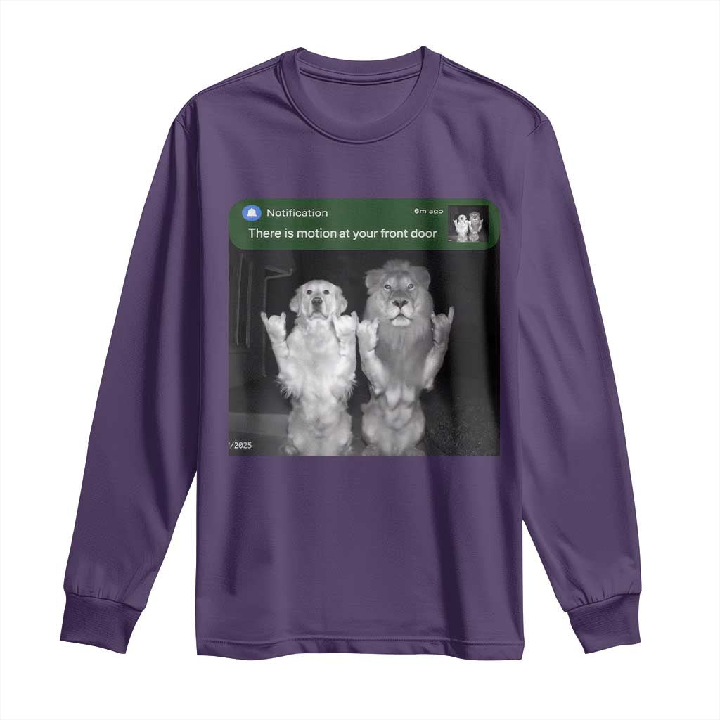 There is Motion at Your Front Door Long Sleeve Shirt Funny Golden Retriever Dog And Lion Motion Meme - Wonder Print Shop