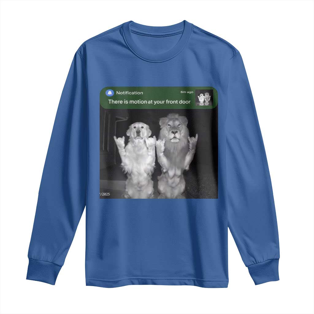 There is Motion at Your Front Door Long Sleeve Shirt Funny Golden Retriever Dog And Lion Motion Meme - Wonder Print Shop