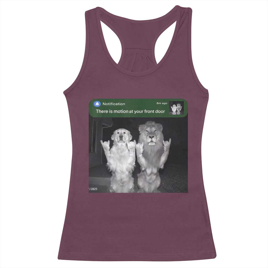 There is Motion at Your Front Door Racerback Tank Top Funny Golden Retriever Dog And Lion Motion Meme - Wonder Print Shop