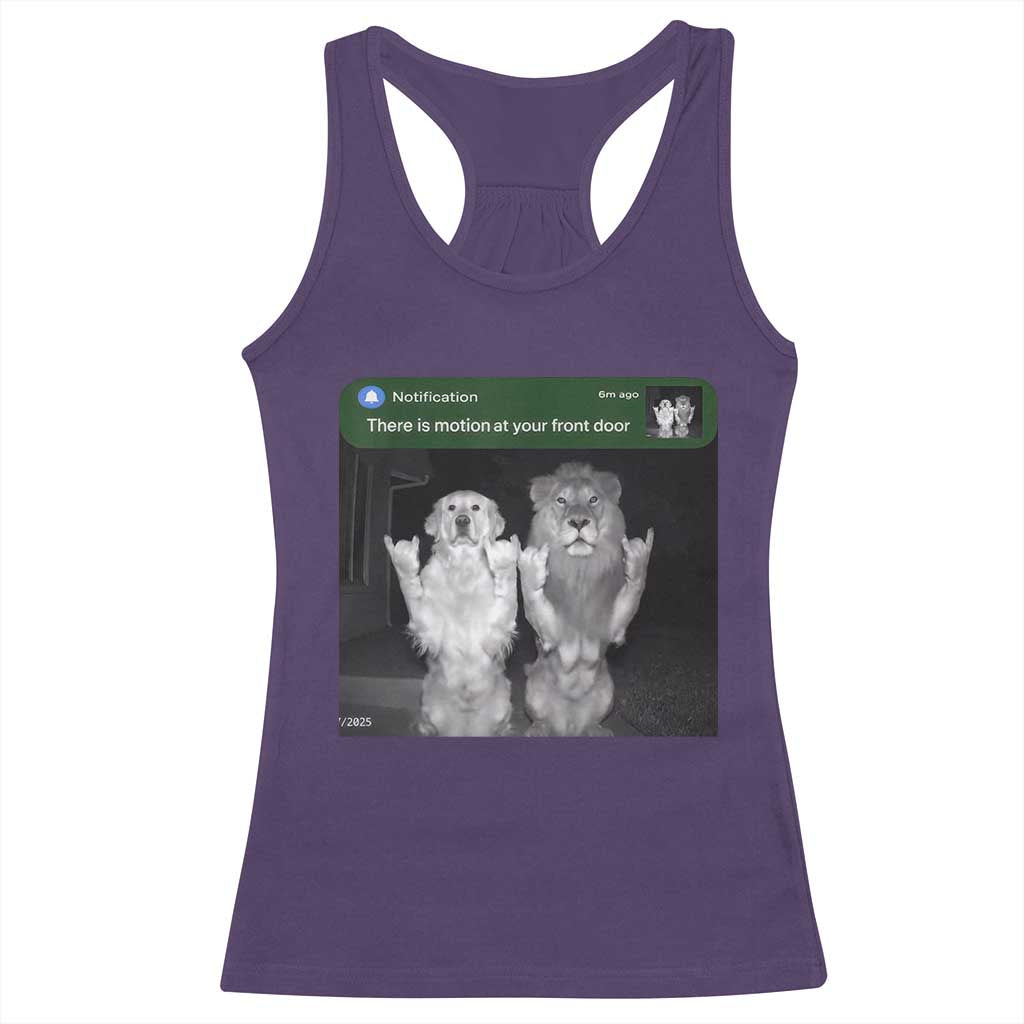 There is Motion at Your Front Door Racerback Tank Top Funny Golden Retriever Dog And Lion Motion Meme - Wonder Print Shop