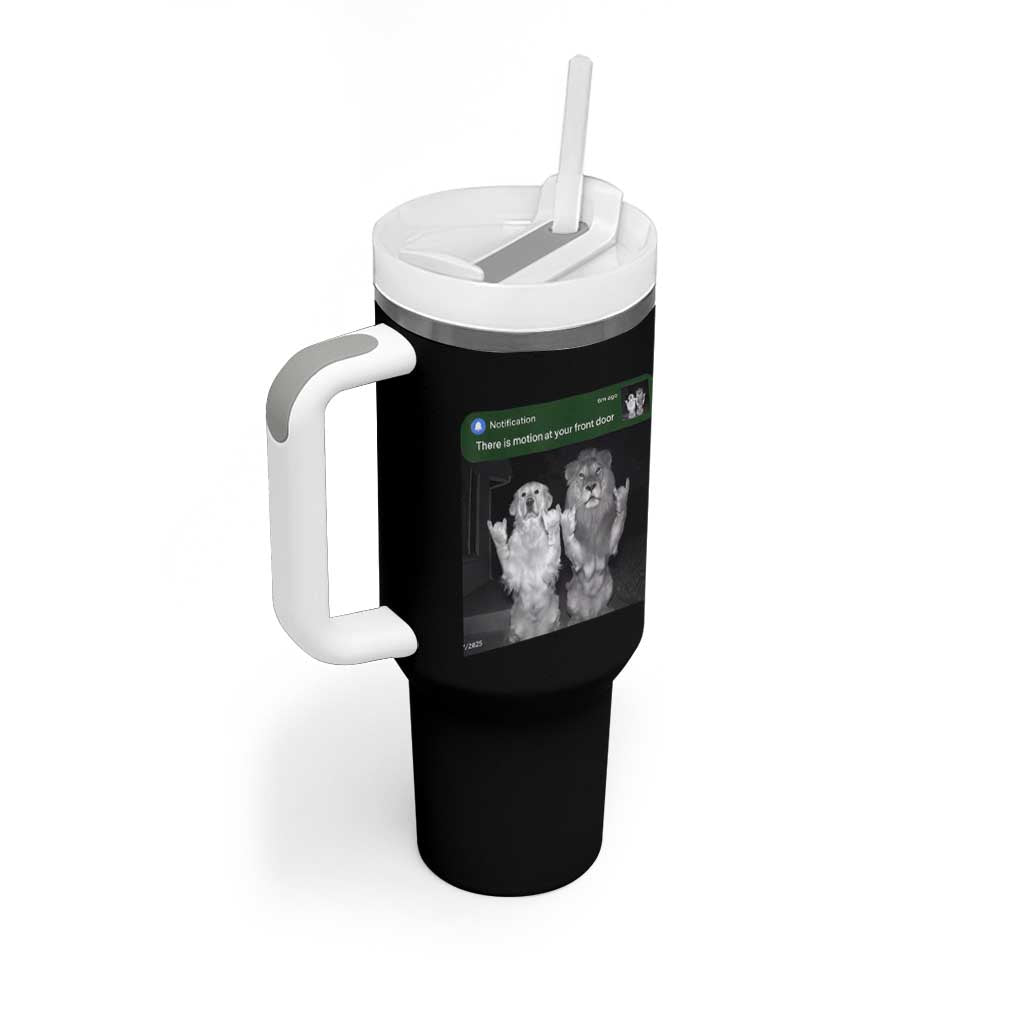 There is Motion at Your Front Door Tumbler With Handle Funny Golden Retriever Dog And Lion Motion Meme - Wonder Print Shop