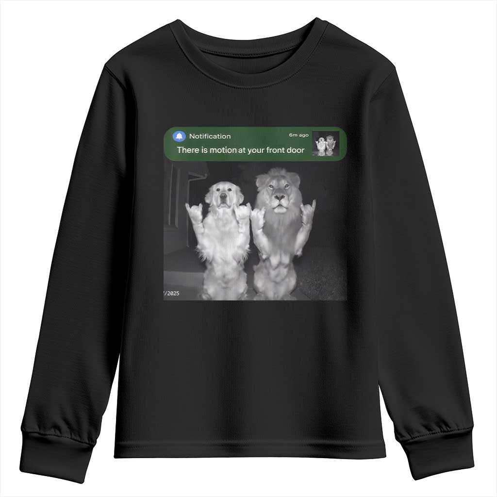 There is Motion at Your Front Door Youth Sweatshirt Funny Golden Retriever Dog And Lion Motion Meme - Wonder Print Shop