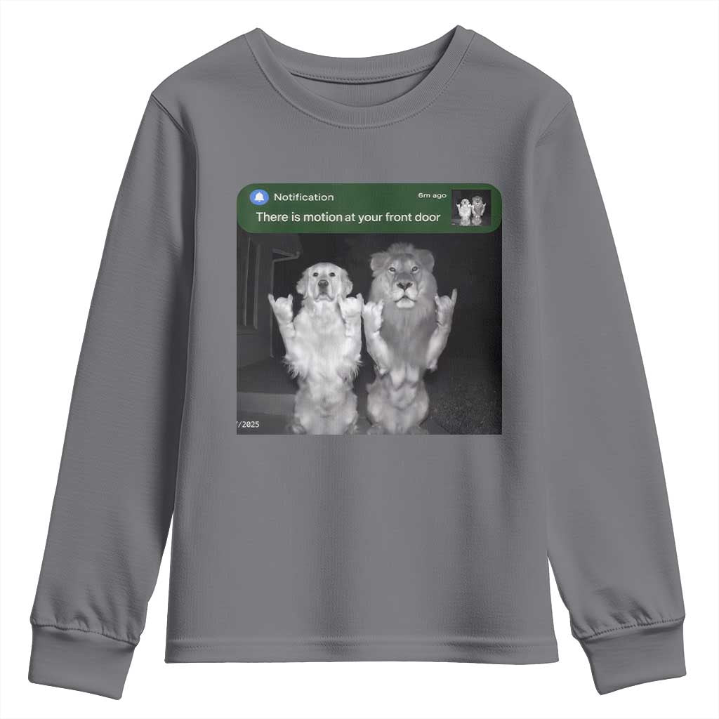 There is Motion at Your Front Door Youth Sweatshirt Funny Golden Retriever Dog And Lion Motion Meme - Wonder Print Shop