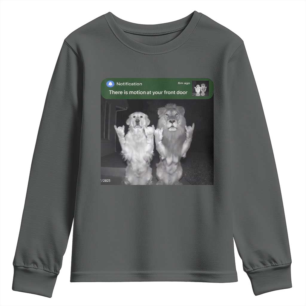 There is Motion at Your Front Door Youth Sweatshirt Funny Golden Retriever Dog And Lion Motion Meme - Wonder Print Shop