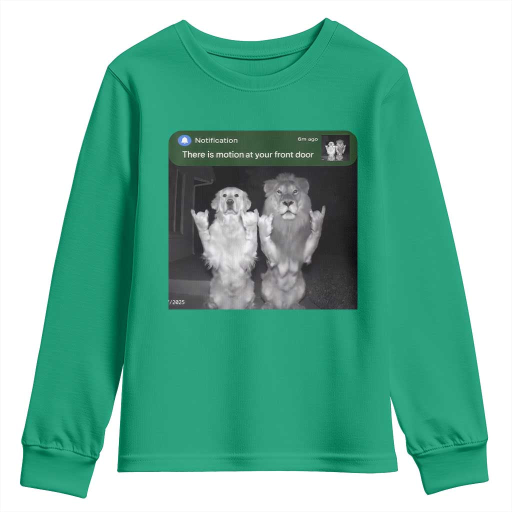 There is Motion at Your Front Door Youth Sweatshirt Funny Golden Retriever Dog And Lion Motion Meme - Wonder Print Shop