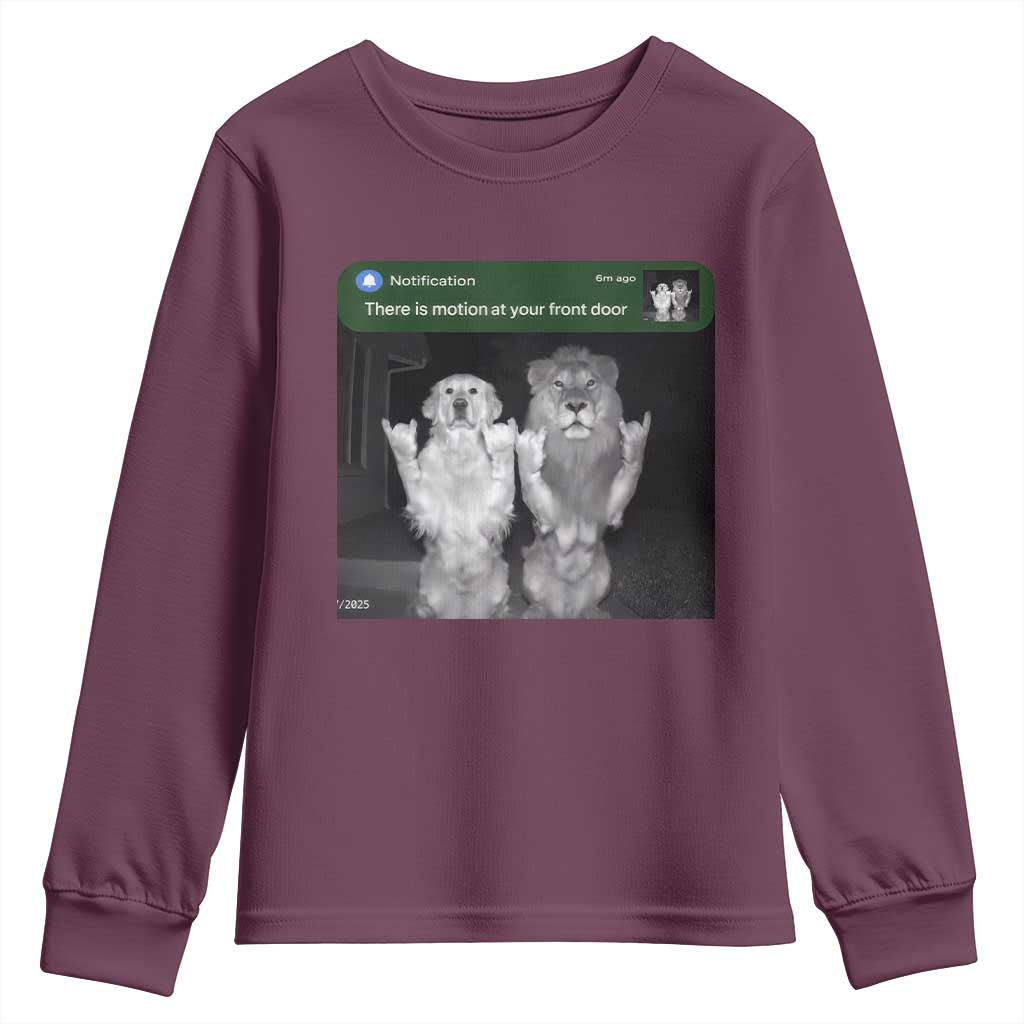 There is Motion at Your Front Door Youth Sweatshirt Funny Golden Retriever Dog And Lion Motion Meme - Wonder Print Shop