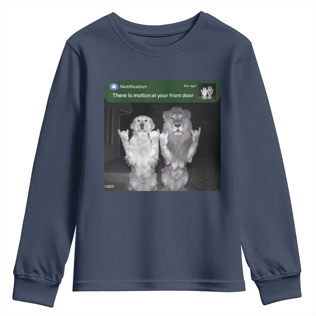 There is Motion at Your Front Door Youth Sweatshirt Funny Golden Retriever Dog And Lion Motion Meme - Wonder Print Shop