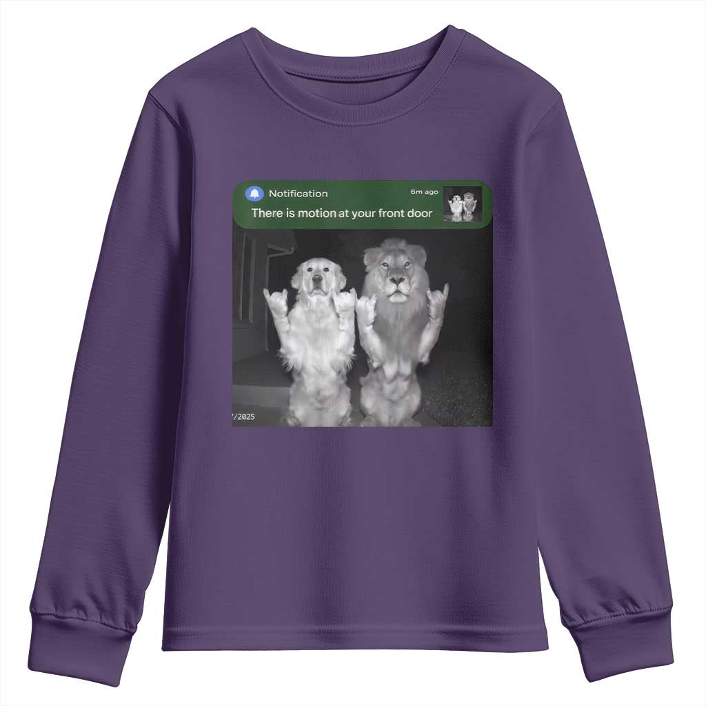 There is Motion at Your Front Door Youth Sweatshirt Funny Golden Retriever Dog And Lion Motion Meme - Wonder Print Shop