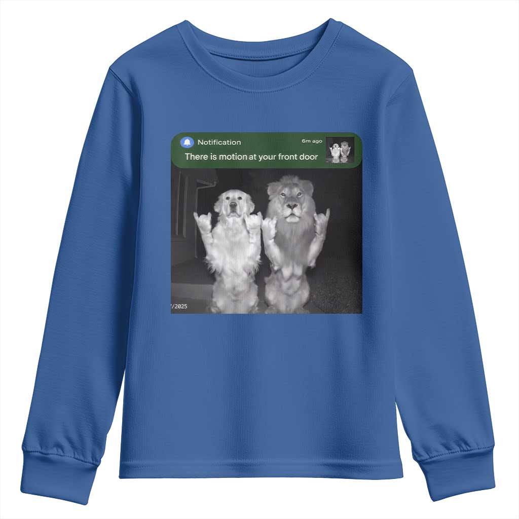 There is Motion at Your Front Door Youth Sweatshirt Funny Golden Retriever Dog And Lion Motion Meme - Wonder Print Shop