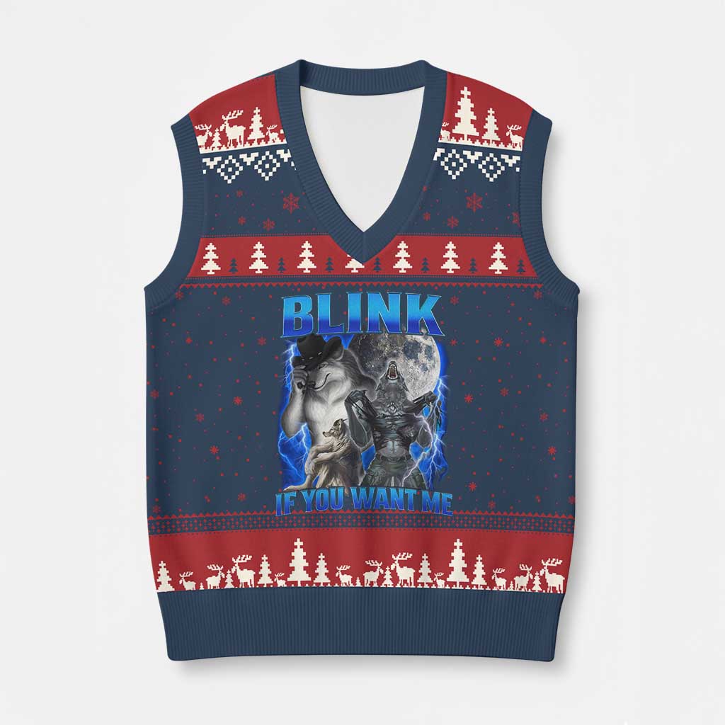 Funny Alpha Wolf Meme V-Neck Knit Sweater Vest Blink If You Want Me Bootleg Cringe Humor - Wonder Print Shop