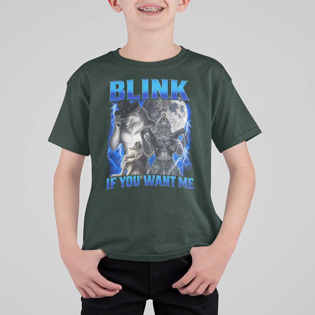Funny Alpha Wolf Meme T Shirt For Kid Blink If You Want Me Bootleg Cringe Humor - Wonder Print Shop