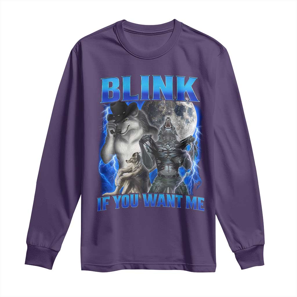 Funny Alpha Wolf Meme Long Sleeve Shirt Blink If You Want Me Bootleg Cringe Humor - Wonder Print Shop