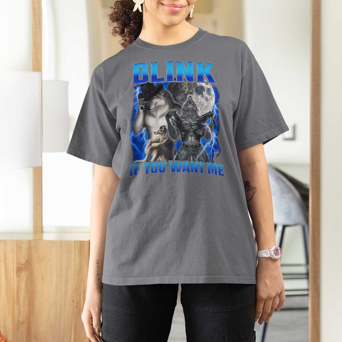 Funny Alpha Wolf Meme T Shirt For Women Blink If You Want Me Bootleg Cringe Humor - Wonder Print Shop