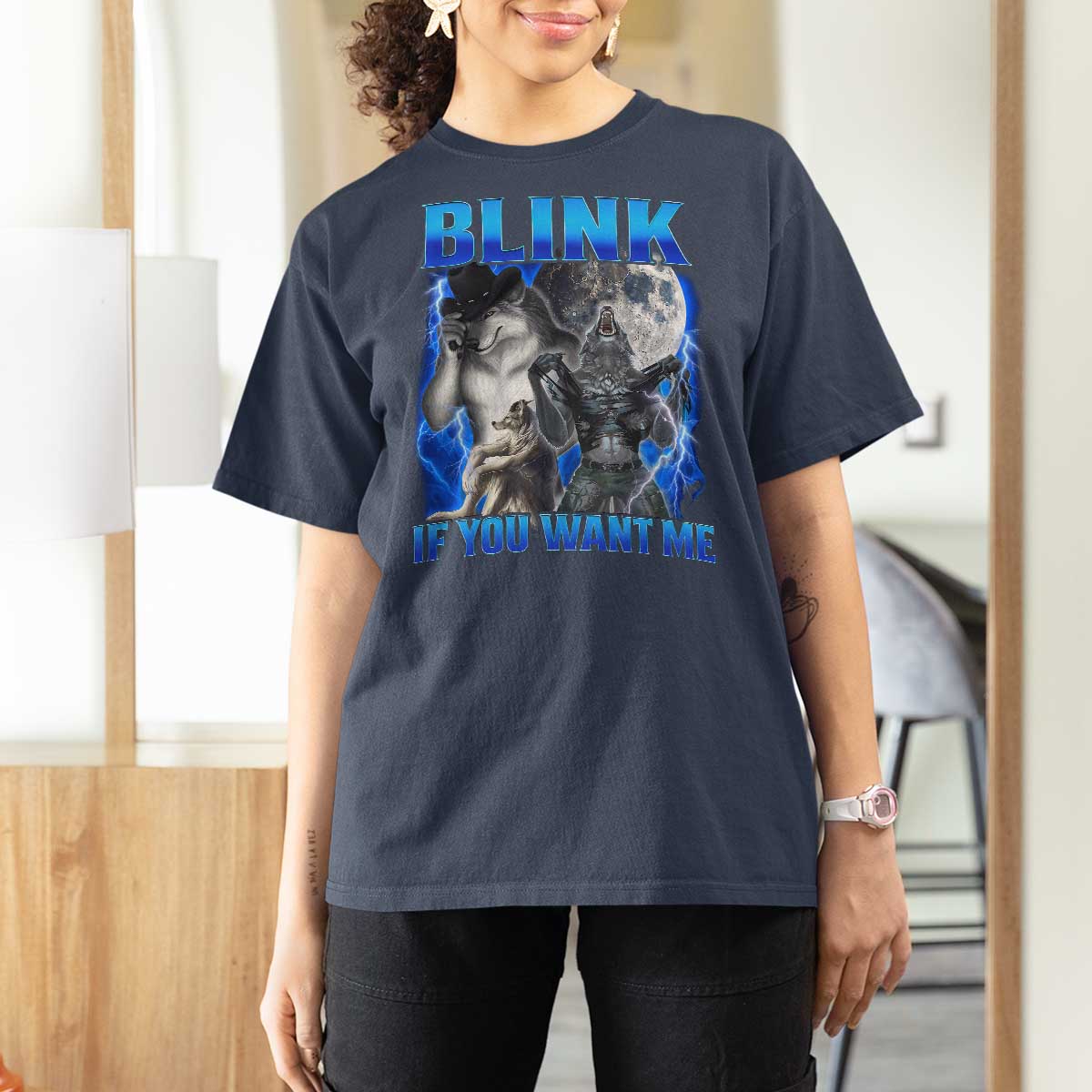 Funny Alpha Wolf Meme T Shirt For Women Blink If You Want Me Bootleg Cringe Humor - Wonder Print Shop