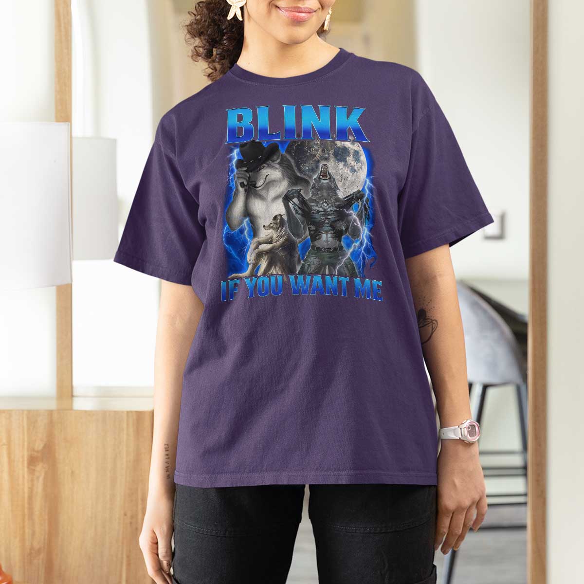 Funny Alpha Wolf Meme T Shirt For Women Blink If You Want Me Bootleg Cringe Humor - Wonder Print Shop