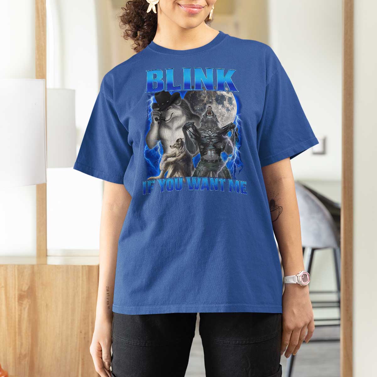 Funny Alpha Wolf Meme T Shirt For Women Blink If You Want Me Bootleg Cringe Humor - Wonder Print Shop