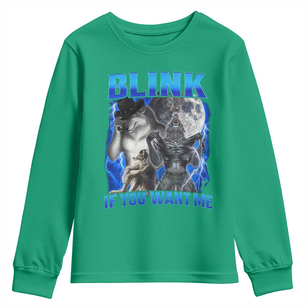 Funny Alpha Wolf Meme Youth Sweatshirt Blink If You Want Me Bootleg Cringe Humor - Wonder Print Shop