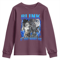 Funny Alpha Wolf Meme Youth Sweatshirt Blink If You Want Me Bootleg Cringe Humor - Wonder Print Shop