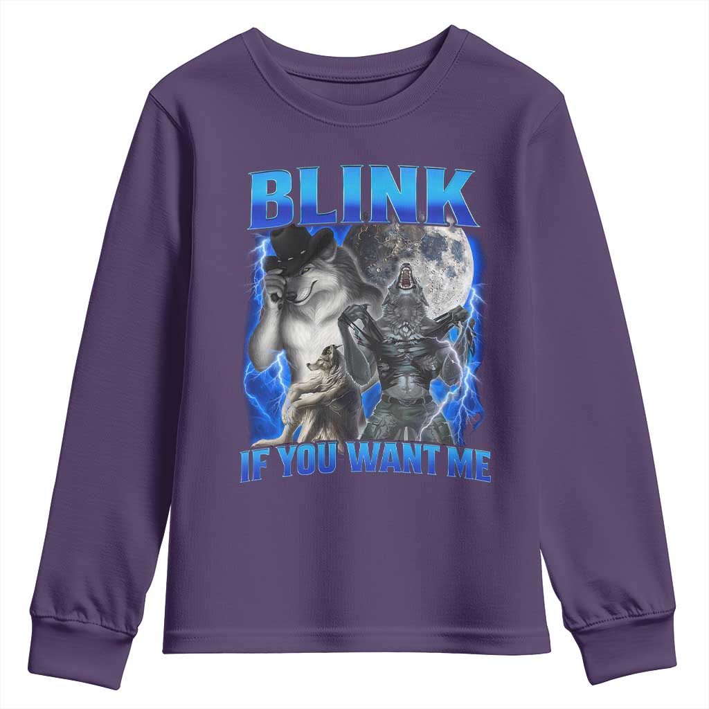 Funny Alpha Wolf Meme Youth Sweatshirt Blink If You Want Me Bootleg Cringe Humor - Wonder Print Shop