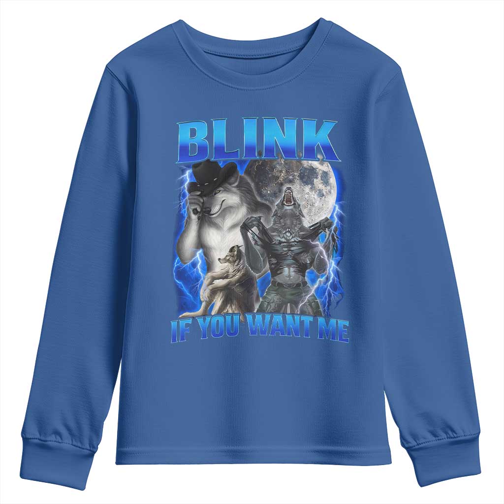 Funny Alpha Wolf Meme Youth Sweatshirt Blink If You Want Me Bootleg Cringe Humor - Wonder Print Shop