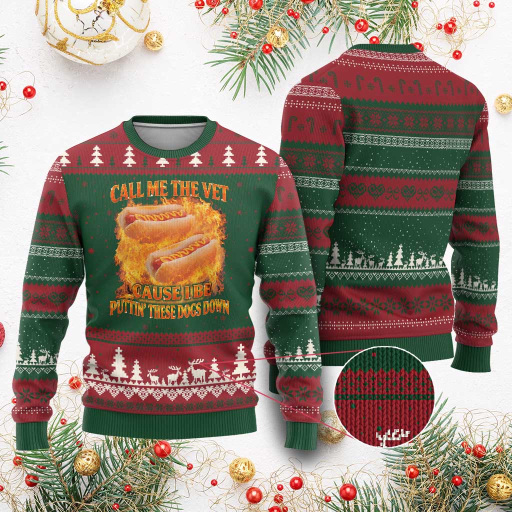 Funny Hard Hot Dog Meme Ugly Christmas Sweater Call Me The Vet Cause I Be Bootleg - Wonder Print Shop