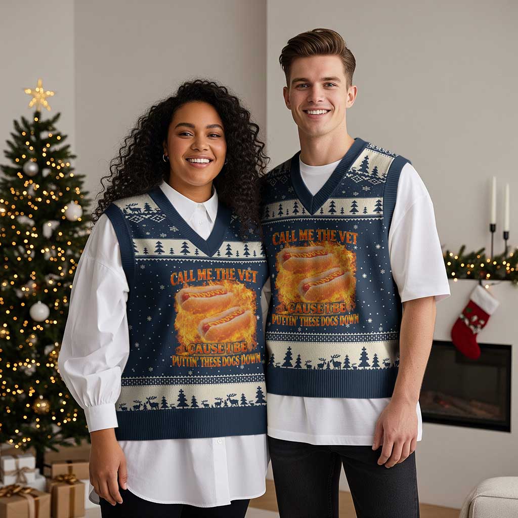 Funny Hard Hot Dog Meme V-Neck Knit Sweater Vest Call Me The Vet Cause I Be Bootleg - Wonder Print Shop