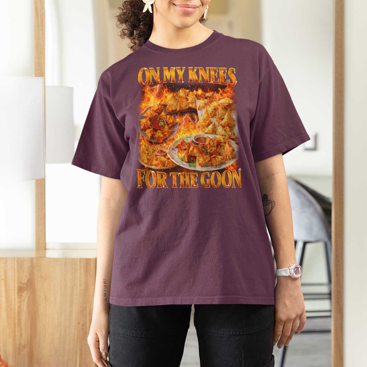 Funny Crab Rangoon Meme T Shirt For Women Vintage 90s Style On My Knees Bootleg Graphic - Wonder Print Shop